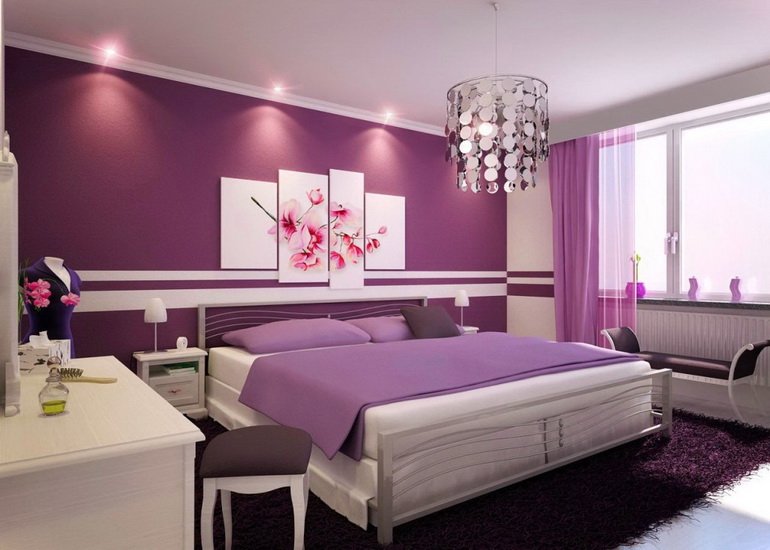 декор спальни фиолетовым цветом в стилистике фэншуй