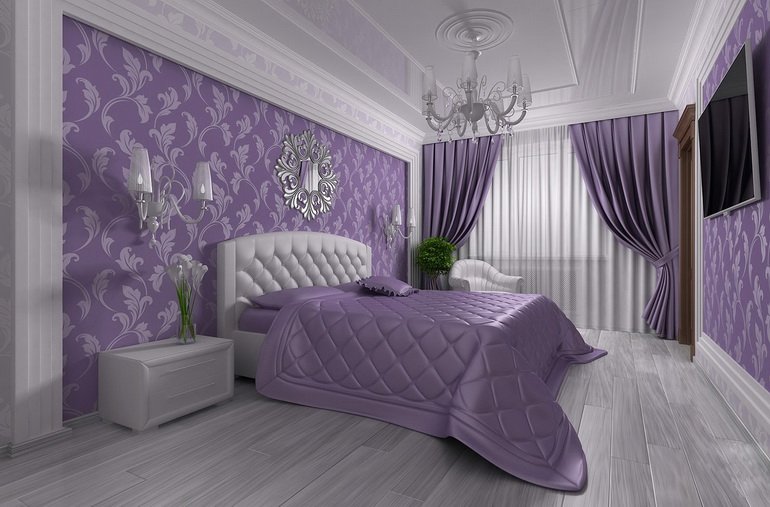 дизайн спальни по фэншуй с сиреневым цветом