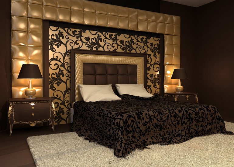коричневый цвет с золотым в декорировании спальни