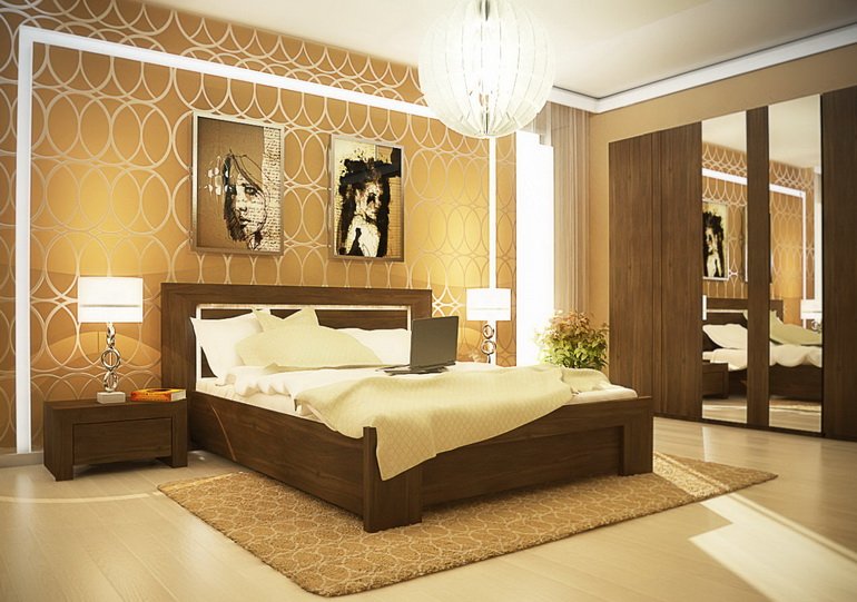 зеркала и золотой цвет в дизайне спальной комнаты