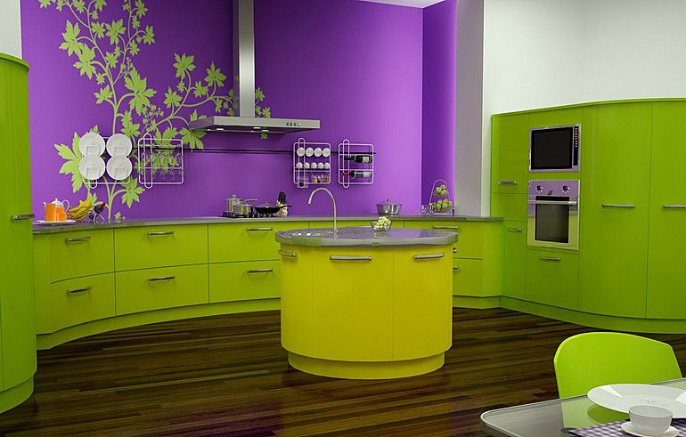 дизайн кухни с цветной мебелью и ярким деком стены