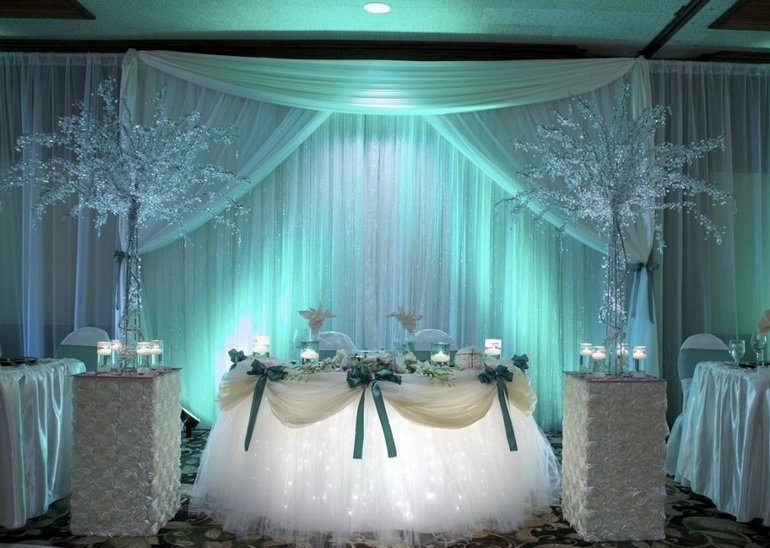свадебный зал в бирюзовом цвете с подсветкой