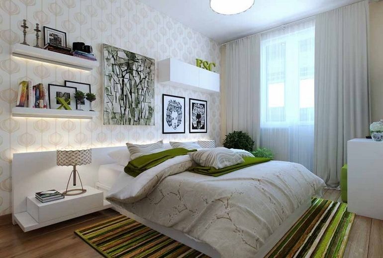 светлая современная спальня с зелеными нотками