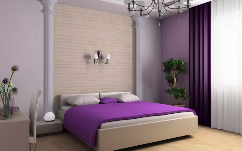 фиолетовый текстиль в спальне по канонам фэншуй