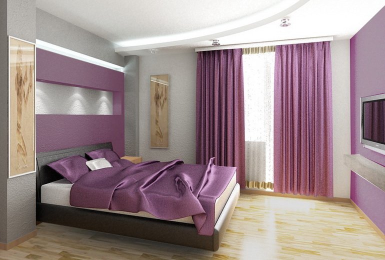 нотки фиолетового в дизайне спальни согласно фэншуй