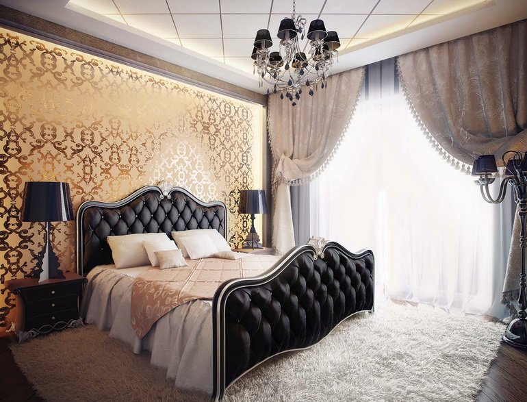обои с золотым цветом согласно фэншуй в дизайне спальни