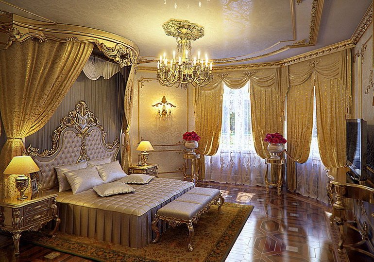 золотой цвет в текстиле спальни