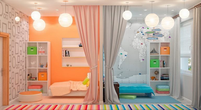 зонирование комнаты для двух разнополых детей