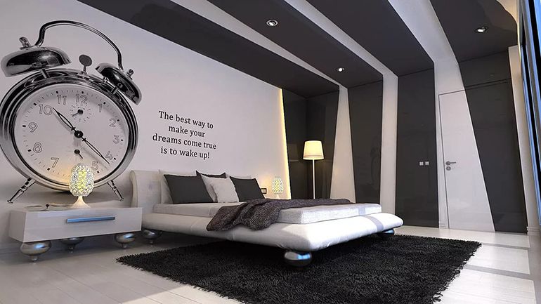 дизайнерский интерьер спальни с оригинальной картиной
